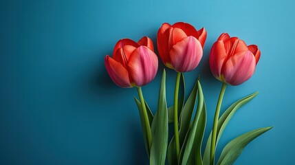 Fototapeta premium Three vibrant red tulips against a soft blue background. Elegant and simple, symbolizing beauty of spring and renewal.