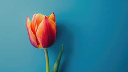 Close-up photo of a tulip flower with red and yellow petals on a blue backdrop.