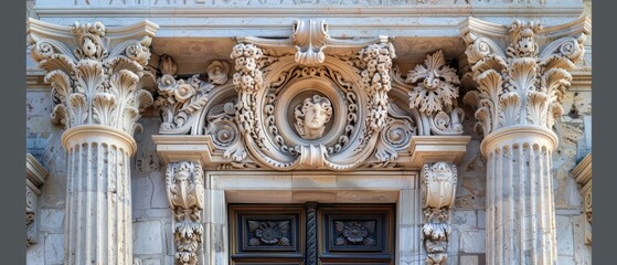 Obraz premium Majestic Historical Building Facade Adorned with Intricate Carvings and Corinthian Columns