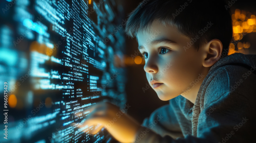 Poster young boy explores coding and technology by interacting with a glowing digital interface in a dimly 