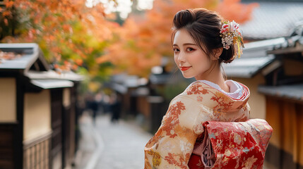 Obraz premium beautiful and cute japanese asian girl wearing kimono dress tokyo