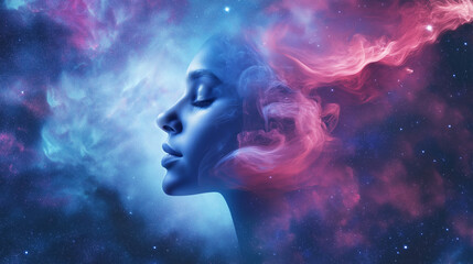 A beautiful woman's face in eyes closed, set against the background of space and galaxies , 4k , wallpaper