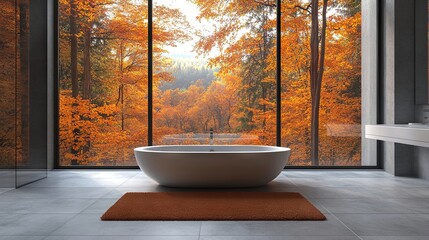 modern bathroom with luxury bathtube with view on autumn trees banner