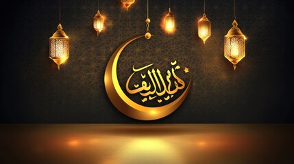 Eid Mubarak Celebration with Golden Crescent Moon and Lanterns