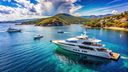 Fototapeta premium travel, A luxurious sailing yacht and motorboat are gracefully anchored in the breathtaking backdrop of St Tropez Bay showcasing the asymmetrical beauty of their captivating designs