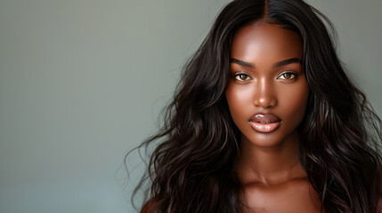 Fototapeta premium portrait of confident black model with long shiny hair, lipstick, make-up. Haircare, beauty and cosmetics concept.