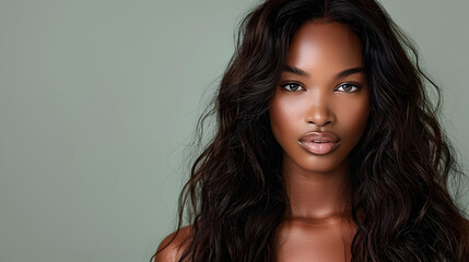 Naklejka premium portrait of confident black woman with long shiny hair, lipstick, make-up. Haircare, beauty, cosmetics concept.