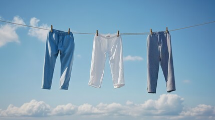 Clean clothes hanging on washing line against a blue sky background. Drying laundry. A laundry concept.