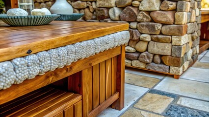 A cozy wooden bench with cushions on a tiled patio.