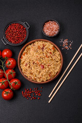 Delicious hot boiled wheat porridge couscous with vegetables