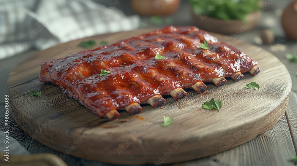 Aufkleber succulent barbecue ribs on rustic table - hyper-realistic 3d rendering