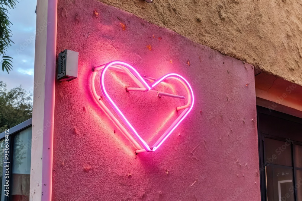 Wall mural A glowing pink neon heart on a textured pink wall.