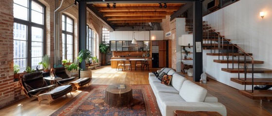 Contemporary Industrial Loft Apartment with Exposed Beams and Modern Aesthetic