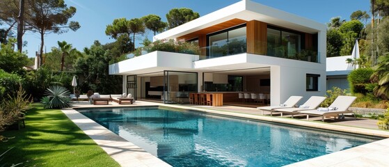 Fototapeta premium Serene White Residence with Expansive Garden and Pool