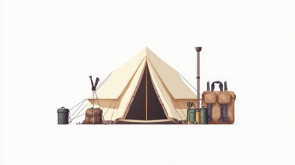 s tent set up with camping gear including backpacks, lantern, stove, and wooden sticks on white background.