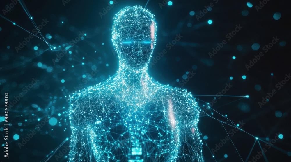 Poster digital evolution: futuristic holographic robot with abstract intelligence patterns