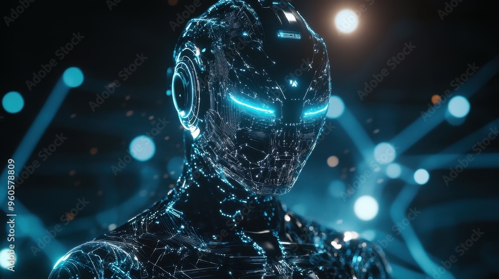 Poster ethereal futuristic holographic robot with abstract intelligence patterns
