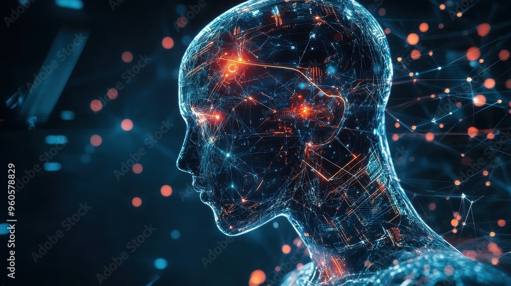 Poster evolving future: futuristic holographic robot with glowing patterns and abstract connections represe