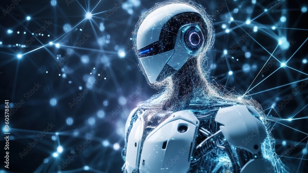 Poster technological enlightenment - holographic robot in a sci-fi world of ai and innovation