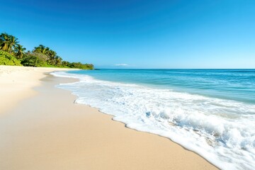 Waves softly crash onto the golden sandy shore while vibrant greenery lines the beach, inviting relaxation under the clear blue sky and warm sun