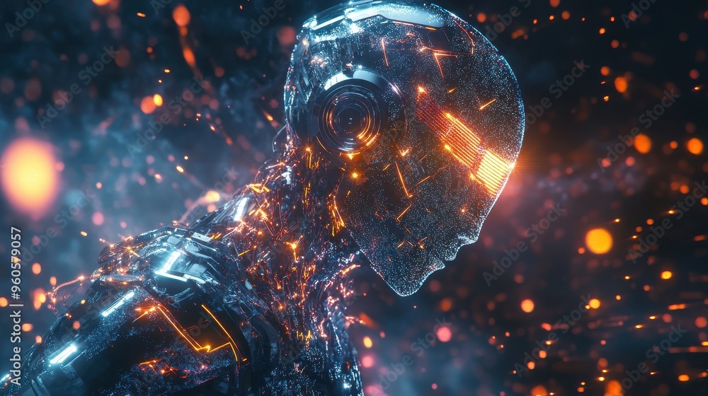 Poster digital futurism: abstract holographic robot entity with glowing lines of connection