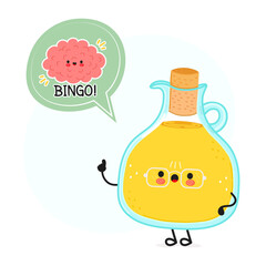 Olive oil with speech bubble and brain character. Vector hand drawn cartoon kawaii character illustration. Isolated white background. Olive oil poster and brain