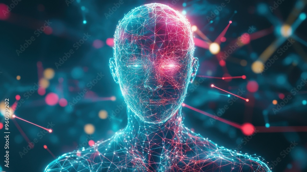 Poster cybernetic connections: futuristic holographic robot with glowing lines and interconnected patterns