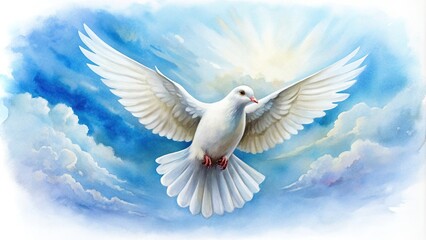 Fototapeta premium A detailed watercolor art illustration of a serene white dove flying gracefully in the sky viewed from a bird s eye perspective, nature, grace, freedom, art, blue, watercolor, aerial view