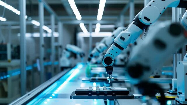 Row of robotic arms repeating the same movements on a production line in a factory. The automated production process ensures efficiency and precision in a modern manufacturing setting