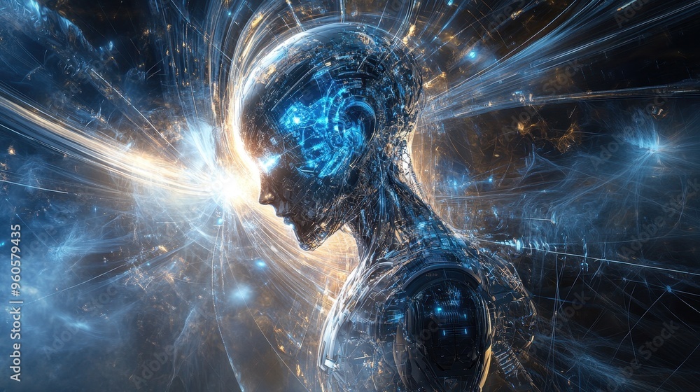 Poster futuristic holographic robotic entity surrounded by light beams and ai connections concept.