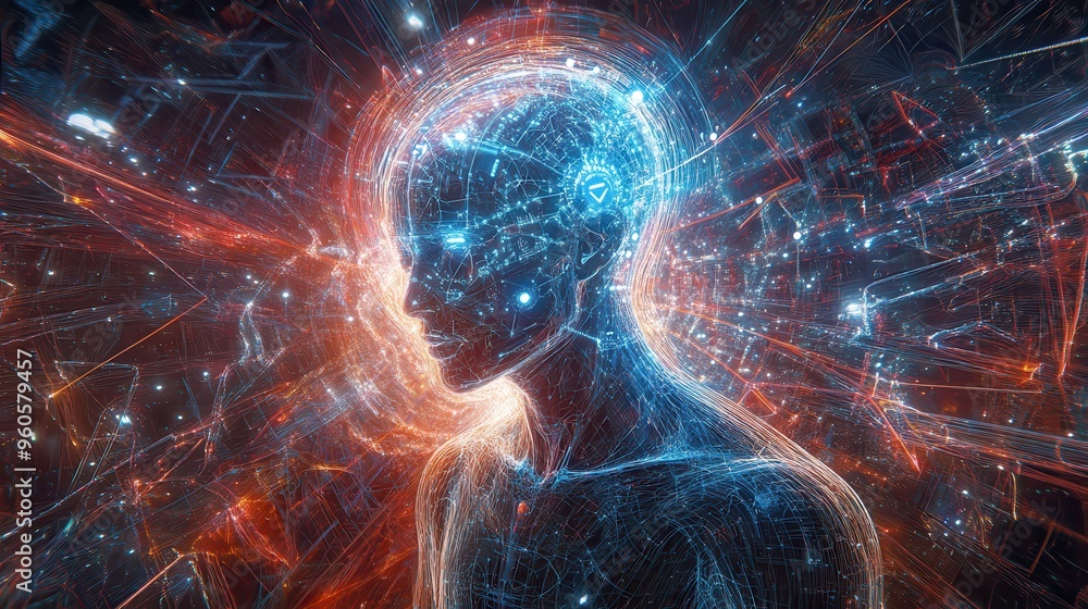 Poster illuminated technology: futuristic holographic robotic entity embraced by ai and scientific connecti