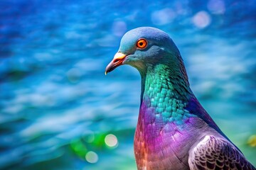 Obraz premium avian, tranquil, plumage, closeup, beauty, portrait, animal, framing, beak,pigeon, bird, feather, A closeup image of a pigeon with a vibrant blue water background framing the scene