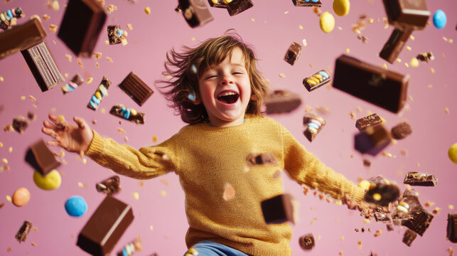 A joyful child celebrates with chocolate pieces falling around him in a bright room filled with happiness