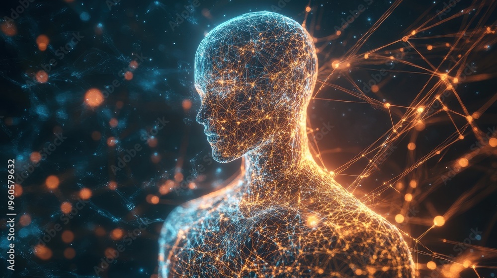 Poster cybernetic concept: futuristic holographic robot with glowing lines representing scientific intellig