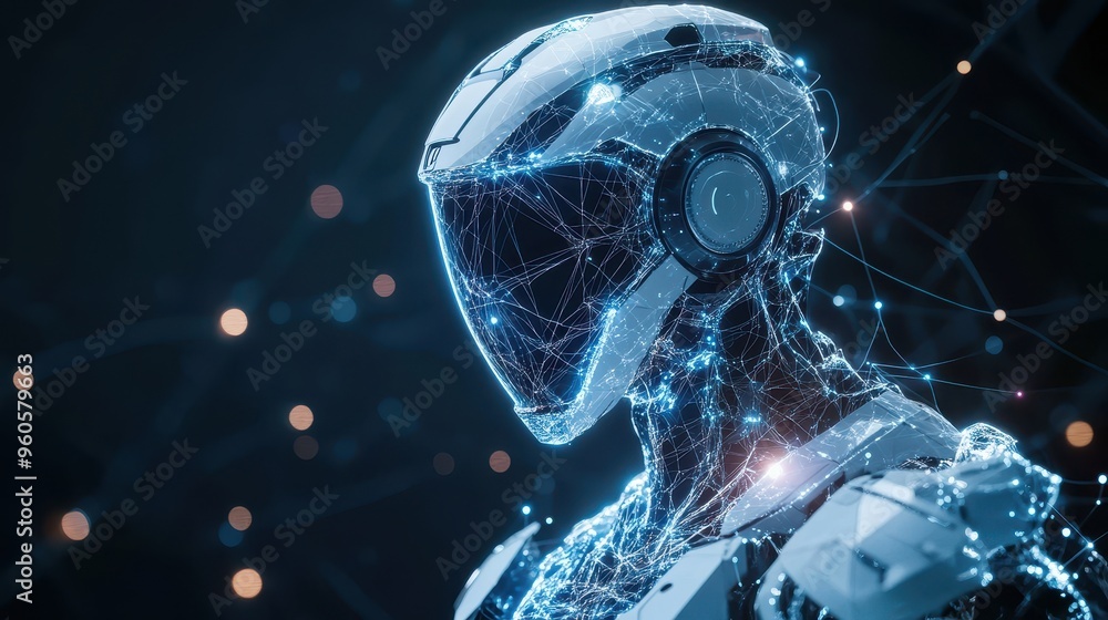 Poster digital innovation: futuristic holographic robot with glowing lines symbolizing scientific intellige