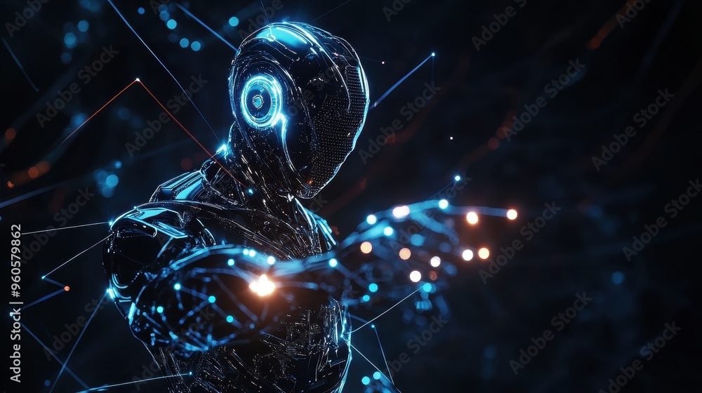 Poster futuristic holographic robot with glowing connection lines representing digital intelligence in sci-