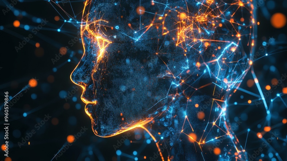 Poster technological evolution: futuristic holographic robot with glowing patterns and abstract intelligenc