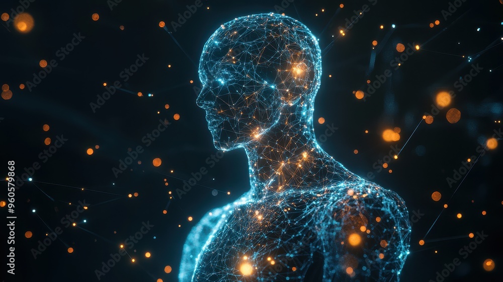 Aufkleber digital visionary: futuristic holographic robot with glowing patterns and abstract connections
