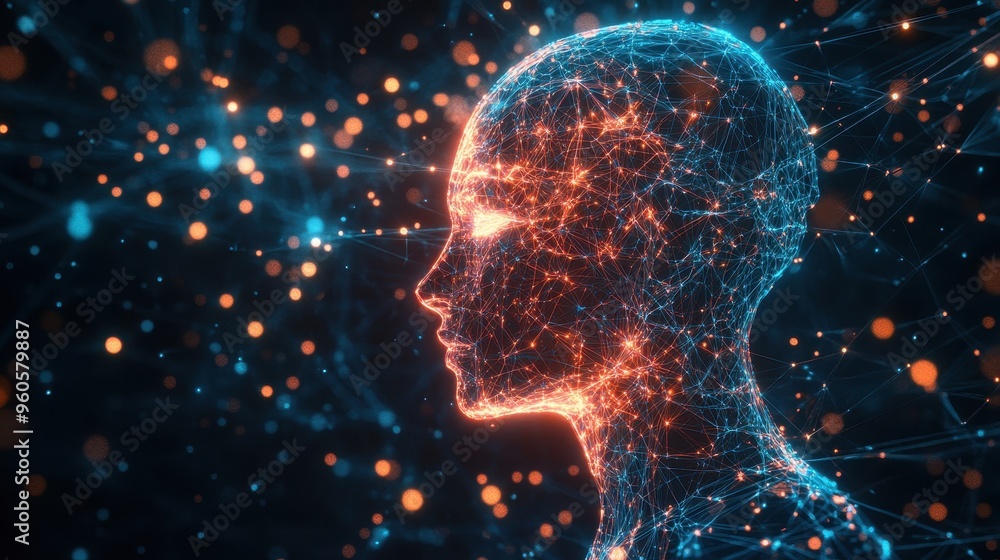 Poster digital intelligence: futuristic holographic robot with glowing patterns and abstract connections