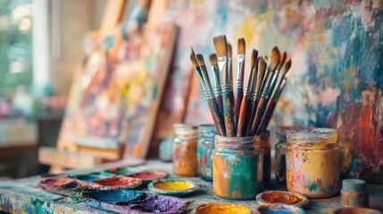 A photo of an artist's studio table with paintbrushes, palettes and jars filled with colorful paints