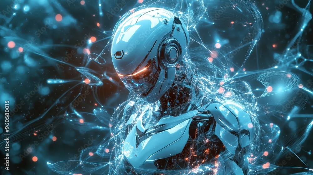 Poster futuristic holographic robot surrounded by dynamic light beams and connections, symbolizing innovati