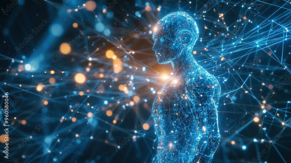 Poster futuristic holographic robot surrounded by light beams and connections symbolizing artificial intell