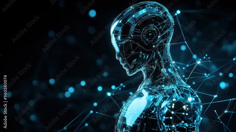 Poster futuristic holographic robot network - artificial intelligence concept with glowing digital patterns