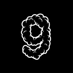 Number nine with a wisp of smoke. Black and white hand drawn vector illustration