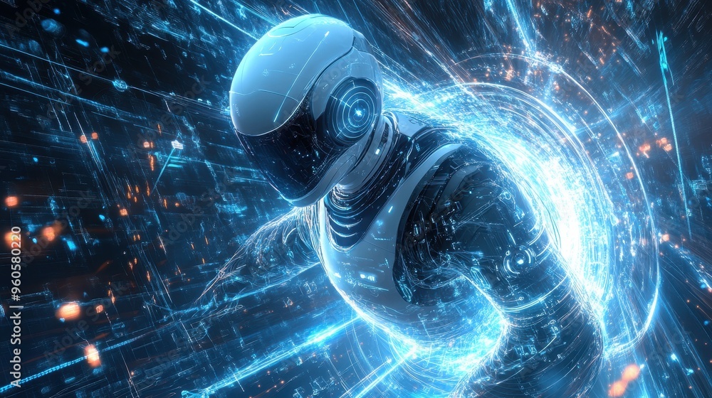 Poster digital evolution: futuristic holographic robot surrounded by light beams and ai patterns