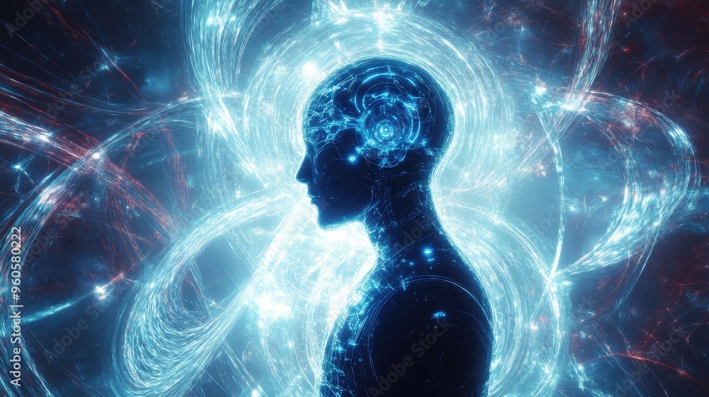 Poster digital intelligence - futuristic robot hologram surrounded by abstract light beams and patterns rep