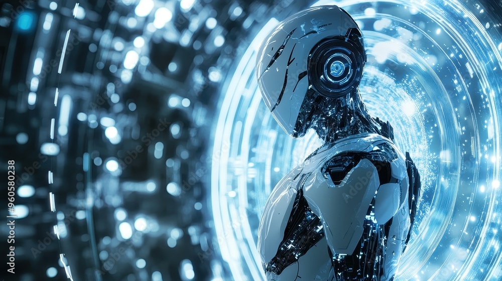 Poster digital evolution: enigmatic holographic robot surrounded by illuminated patterns representing techn