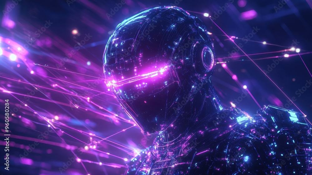 Poster luminescent robotic intelligence: abstract futuristic entity connecting ideas in holographic space