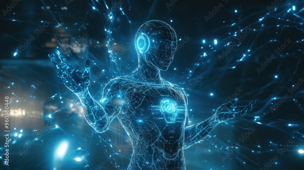 Poster futuristic holographic robot amid glowing light streams and digital patterns of intelligence