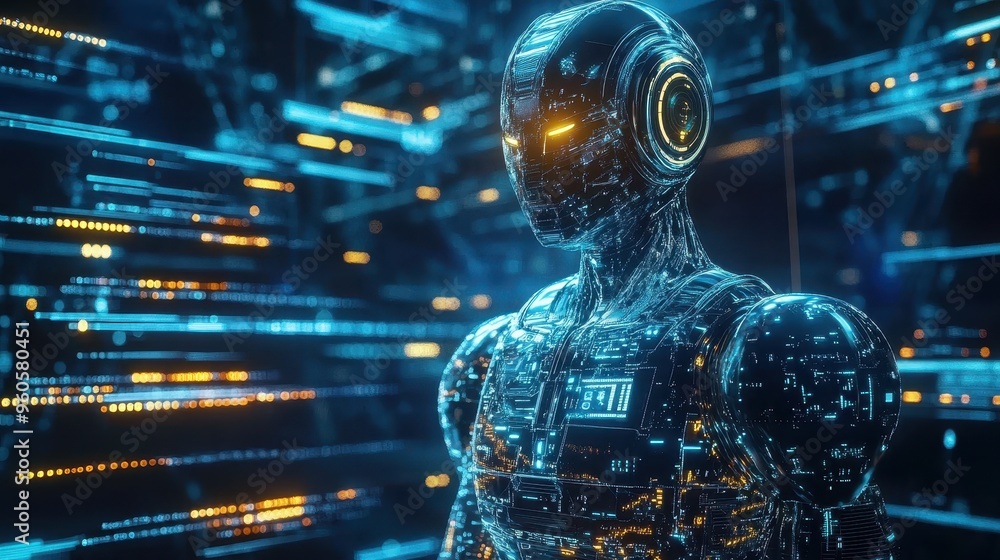 Poster futuristic holographic robot with digital patterns and light streams - concept of intelligence and t